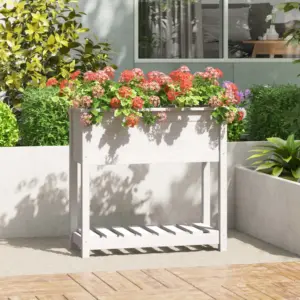 Kõrgendatud taimekast riiuliga, valge männipuidust, 82,5 x 34,5 x 81 cm