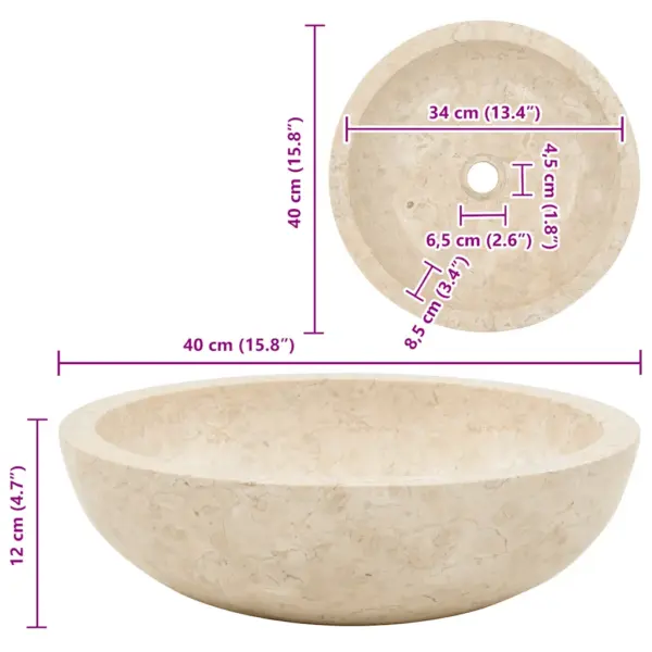 Ümmargune marmorist valamu, kreemjasvalge, 40 x 12 cm – 11