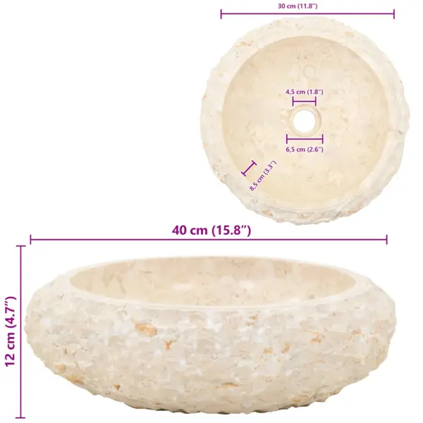 Marmorist ümmargune valamu, kreemjasvalge, 40 x 12 cm – 11