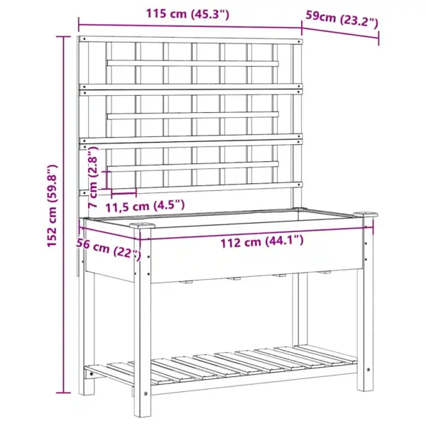 Beež kuusepuidust aia istutuskast trellise ja riiuliga, 115 x 60,5 x 153 cm – 10