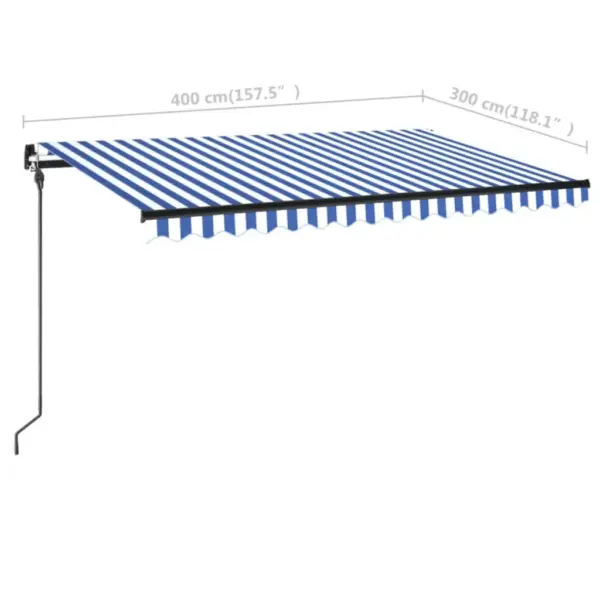 Käsitsi sissetõmmatav terrassimarkiis LED-valgustusega, sinine-valge, 400 x 300 cm – 7