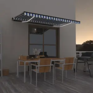Käsitsi sissetõmmatav terrassivarikatus LED-valgustusega, 450 x 350 cm, sinine-valge, antratsiithall raam