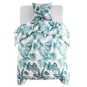 Lehemustriga tekikotikomplekt, roheline-valge mikrosatiin, 140 x 200 / 60 x 70 cm