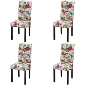 Lillemustrilised söögitoolid 4 tk, mitmevärviline kangas, puitraamiga