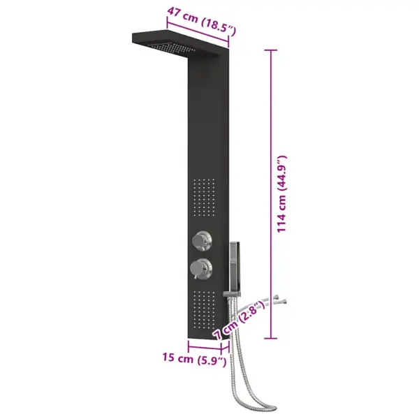 Must alumiiniumist dušipaneel vihmaduši ja massaažifunktsiooniga, 15 x 47 x 114 cm – 10