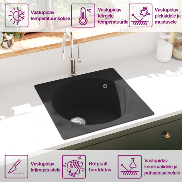Must ülevooluavaga graniitkomposiidist köögivalamu, pealtpaigaldus, 480 x 480 mm – 10