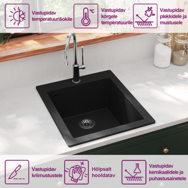 Pealepaigaldatav must graniitkomposiit köögivalamu eriti sügava kausiga, 425 x 500 mm – 9