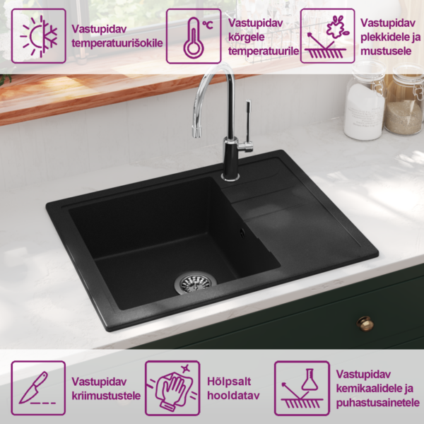 Must graniitkomposiit köögivalamu ülevooluavaga, nõrutusosaga, 580 x 440 mm – 10