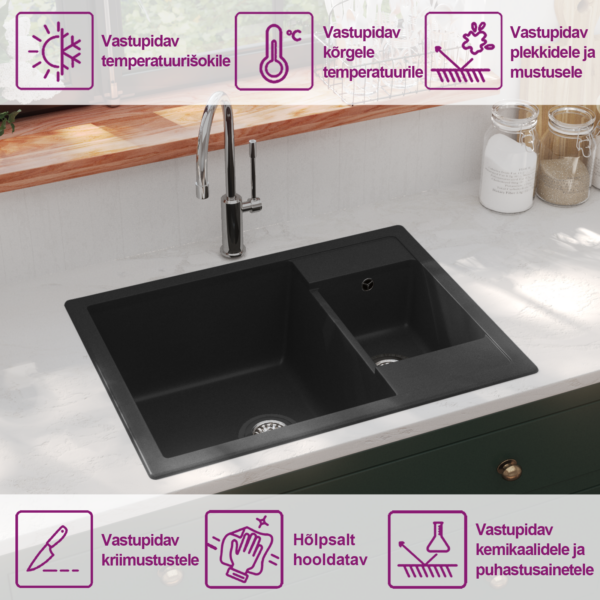 Kahe kraanikausiga must graniitköögivalamu ülevooluavaga, pealtpaigaldatav, 580 x 440 mm – 10