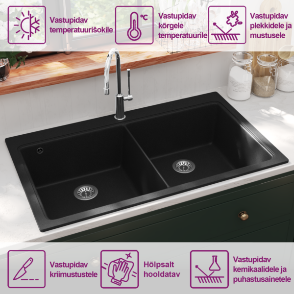 Must graniitkomposiit köögivalamu kahe sügava kraanikausiga, 860 x 510 mm – 9