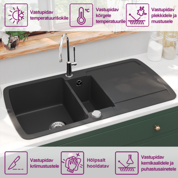 Kahepoolne graniitkoostisega köögivalamu, must, 960 x 500 mm – 9