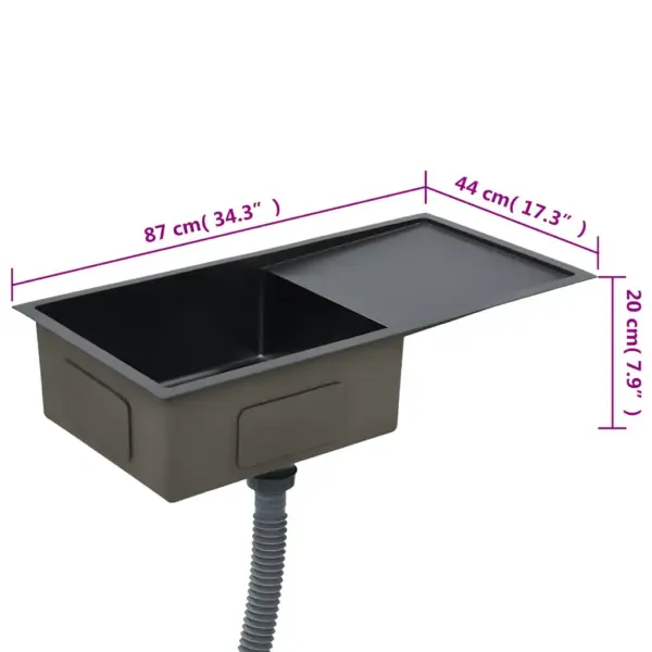 Käsitsi valmistatud must köögivalamu nõrutusalusega, harjatud roostevaba teras, 87 x 44 cm – 8