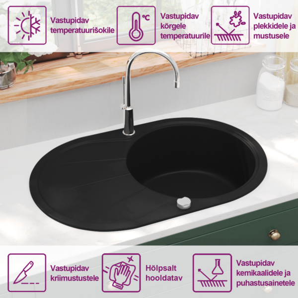 Ühepoolne graniitköögivalamu, ovaalne, must, 770 x 490 mm – 9