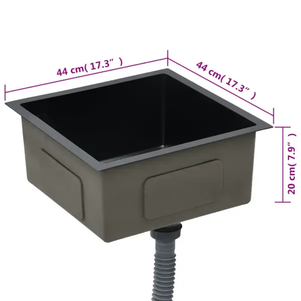 Käsitsi valmistatud must köögivalamu, harjatud roostevaba teras, 44 x 44 x 20 cm – 8
