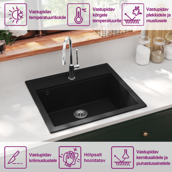 Ühekausiline graniitkomposiit köögivalamu, must, 565 x 510 mm – 9