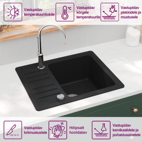 Ühepoolne graniitkomposiit köögivalamu, must, kapipealne, 575 x 460 mm – 9