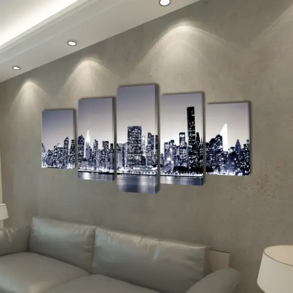 Must-valge New Yorgi siluetiga 5-osaline seinalõuend 200 x 100 cm – 2