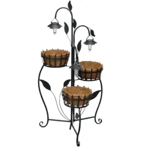 Päikesepaneeliga lillepoti alus LED-lampidega, 3 hoidikut, pruun/must, malm, 47 x 48 x 109 cm