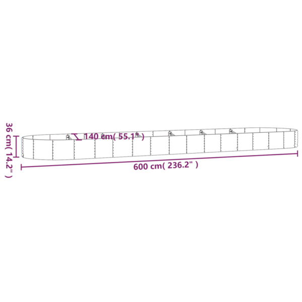 Pruun galvaniseeritud terasest aia taimelava, 600 x 140 x 36 cm, ovaalne - 6