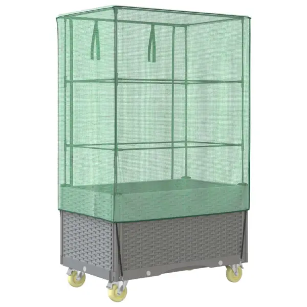 Ratastega kõrgendatud peenar kasvuhoonekatte ja rotangiimitatsiooniga, helehall, 50 x 80 x 182 cm – 6