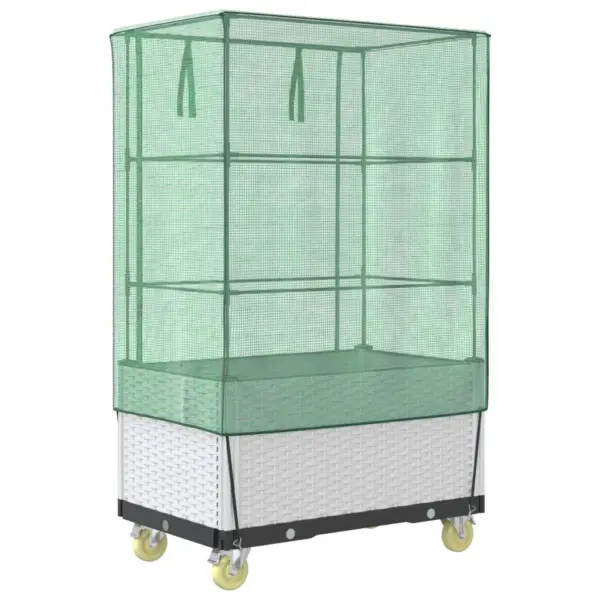 Ratastega kõrgendatud taimekast kasvuhoonekattega, rotangiimitatsioon, valge, 50 x 80 x 182 cm – 6