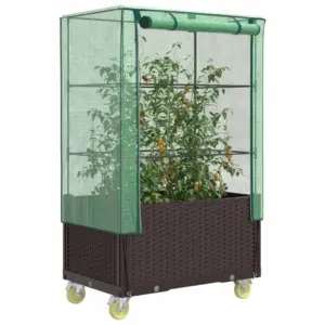 Ratastega taimekast kasvuhoonekatte ja rotangiimitatsiooniga, pruun, 80 x 50 x 182 cm