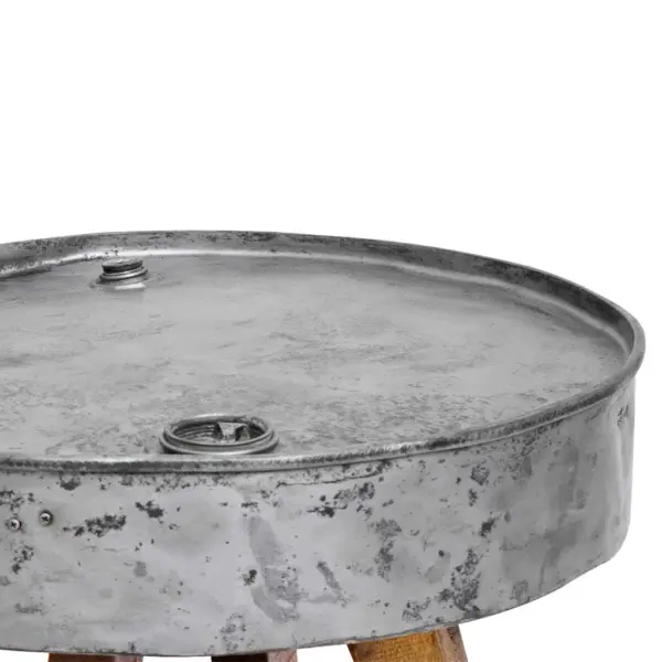 Tööstusliku stiiliga kohvilaud ringlussevõetud puidust jalgadel, hõbedane tsingitud lauaplaat, 60 x 45 cm – 4