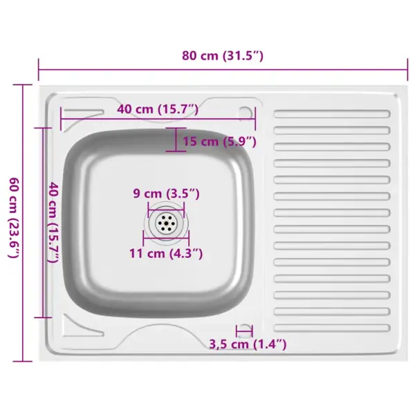 Hõbedane roostevabast terasest köögivalamu nõudekuivatuspinnaga, äravoolukomplektiga, 800 x 600 x 155 mm – 12