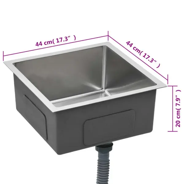 Käsitsi valmistatud ruudukujuline köögivalamu, harjatud roostevabast terasest, hõbedane, 44 x 44 x 20 cm – 8