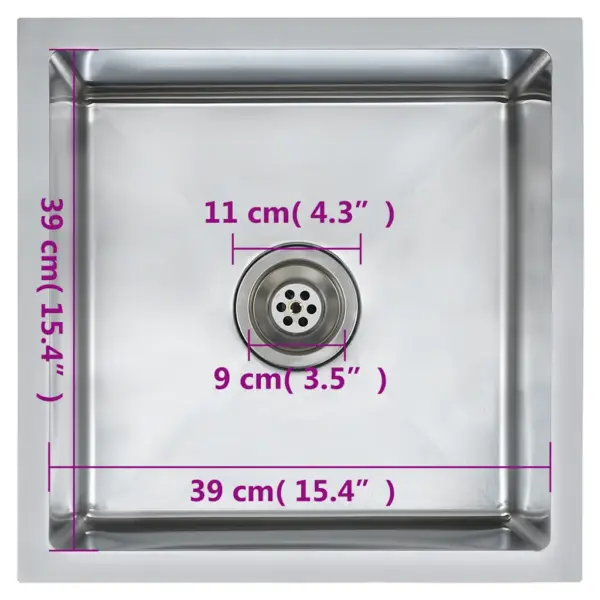 Käsitsi valmistatud ruudukujuline köögivalamu, harjatud roostevabast terasest, hõbedane, 44 x 44 x 20 cm – 9