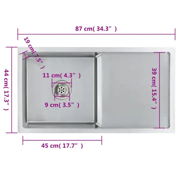 Käsitsi valmistatud roostevabast terasest köögivalamu nõrutusalusega, hõbedane, 87 x 44 x 20 cm – 10