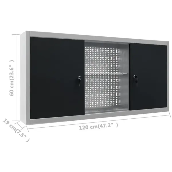 Seinale kinnitatav metallist tööriistakapp aukplaadiga, lukustatav, hall ja must, 120 x 19 x 60 cm – 9