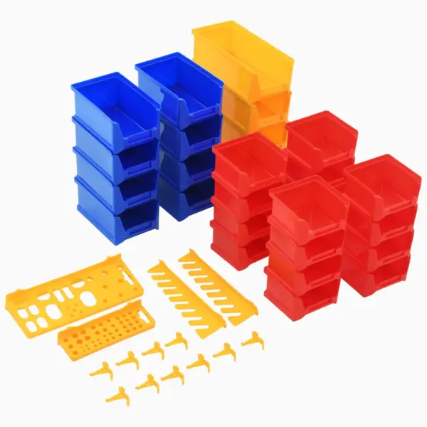 Seinale kinnitatav tööriistade ja tarvikute organiseerija, plast, 2 paneeli 45 x 48 cm, 28 karpi, konksud ja hoidikud – 5