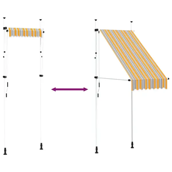 Sissetõmmatav päikesevarikatus vända ja reguleeritava kõrgusega postidega, 100 cm, kollase-sinisetriibuline – 6