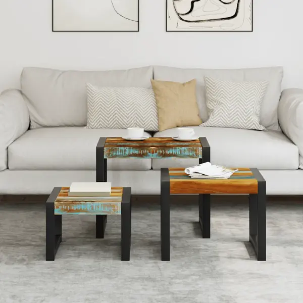 3-osaline taaskasutatud puidust lauatekomplekt, üksteise alla mahtuvad, mitmevärvilised, terasraamiga – 3