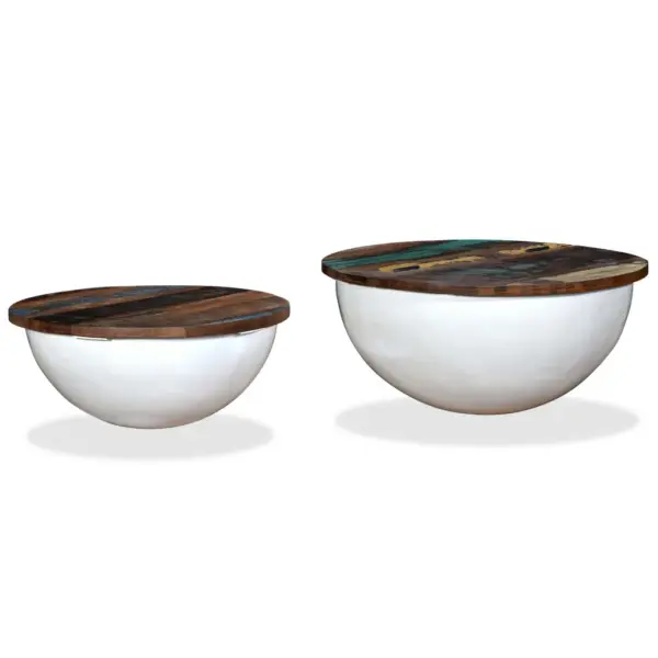 Kausikujulised kohvilauad taaskasutatud puidust lauaplaatidega, valge terasalus, varjatud panipaigaga, 2 tk – 12