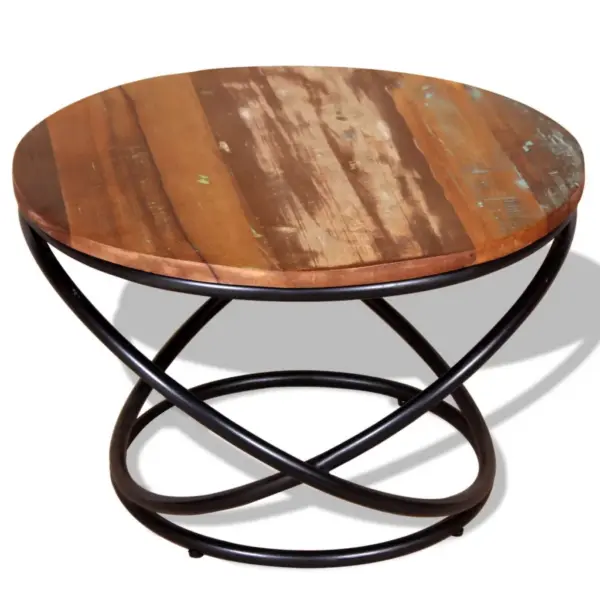 Vanaaegse stiiliga ümmargune kohvilaud taaskasutatud puidust, must metallraam, 60 x 60 x 40 cm – 2