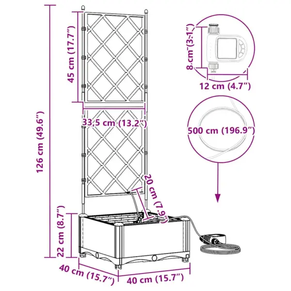 Kõrge terasest aia istutuskast trellise ja kastmissüsteemiga, helehall, 40 x 40 x 126 cm – 10