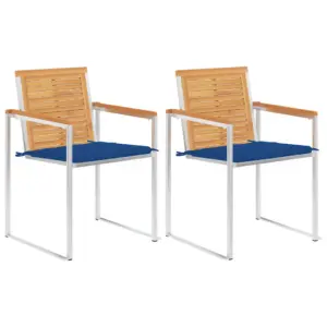 Tiigipuidust ja roostevabast terasest aiatoolid sügavsiniste istmepatjadega, 2 tk, 60 x 56 x 85 cm