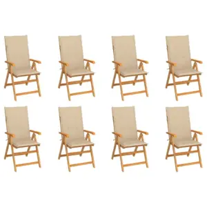 Kokkupandavad tiigipuidust aiatoolid allalastava seljatoega, patjadega, 8 tk, beež