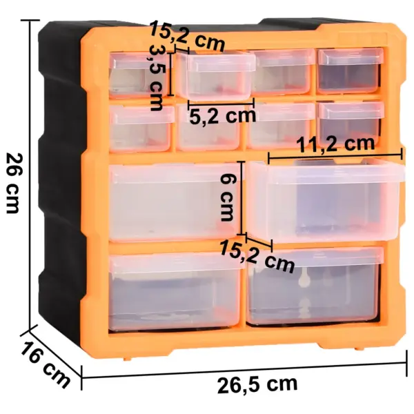 Seinale kinnitatav tööriistade organiseerija 12 sahtliga, 2 tk, oranž-must, 26,5 x 16 x 26 cm – 8