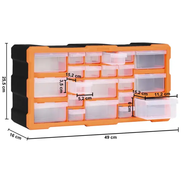 Plastikust tööriistade organiseerija 22 sahtliga, oranž-must, 49 x 16 x 25,5 cm – 9