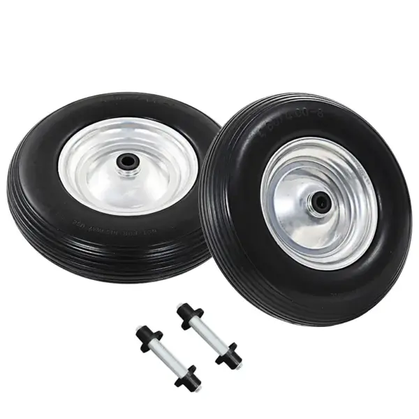 Torkekindlad aiakärurattad telgedega, 2 tk, 4.00–8, 390 x 90 mm, must PU rehv ja hõbedane metallvelg – 2