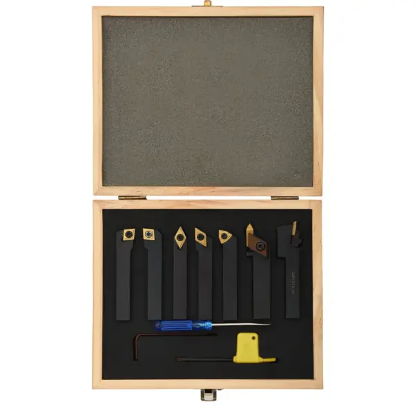 12-osaline treimistööriistade komplekt treipingile, karbiidotsaga, 12 x 12 mm kinnitusvõll, 80 mm, must, puidust karbis – 3