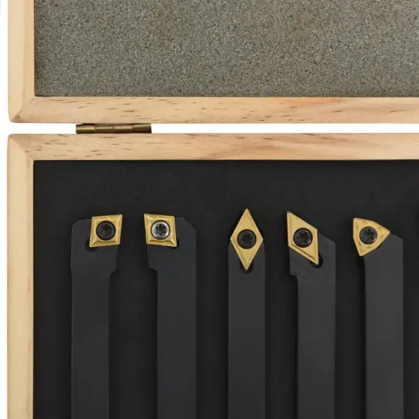 12-osaline treimistööriistade komplekt treipingile, karbiidotsaga, 12 x 12 mm kinnitusvõll, 80 mm, must, puidust karbis – 5