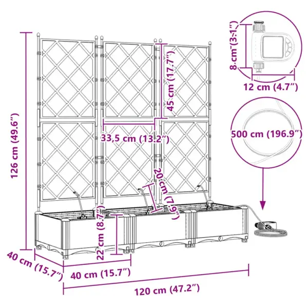 Aia istutuskast trellise ja kastmissüsteemiga, 3 osa, must teras, 120 x 40 x 126 cm – 10