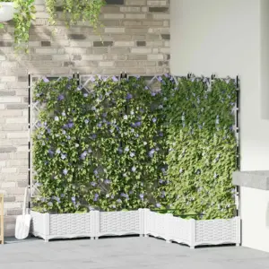 Trellisega istutuskastid ronitaimedele, 5 tk, valge teras, 120 x 120 x 125,5 cm