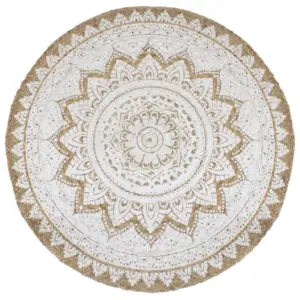 Ümmargune punutud džuudist vaip Mandala mustriga, 240 cm, pruun-valge