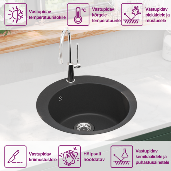 Ümmargune ühepoolne graniitkomposiit köögivalamu, must, 505 x 505 mm – 9