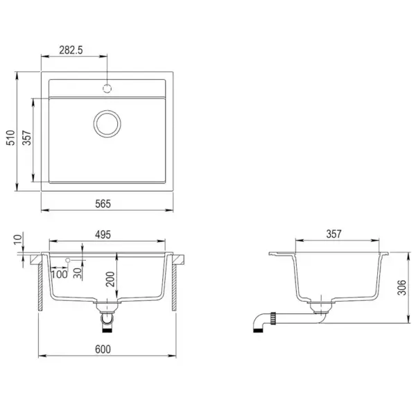 Pealepaigaldatav ühepoolne graniitkomposiidist köögivalamu, valge, 565 x 510 mm – 7